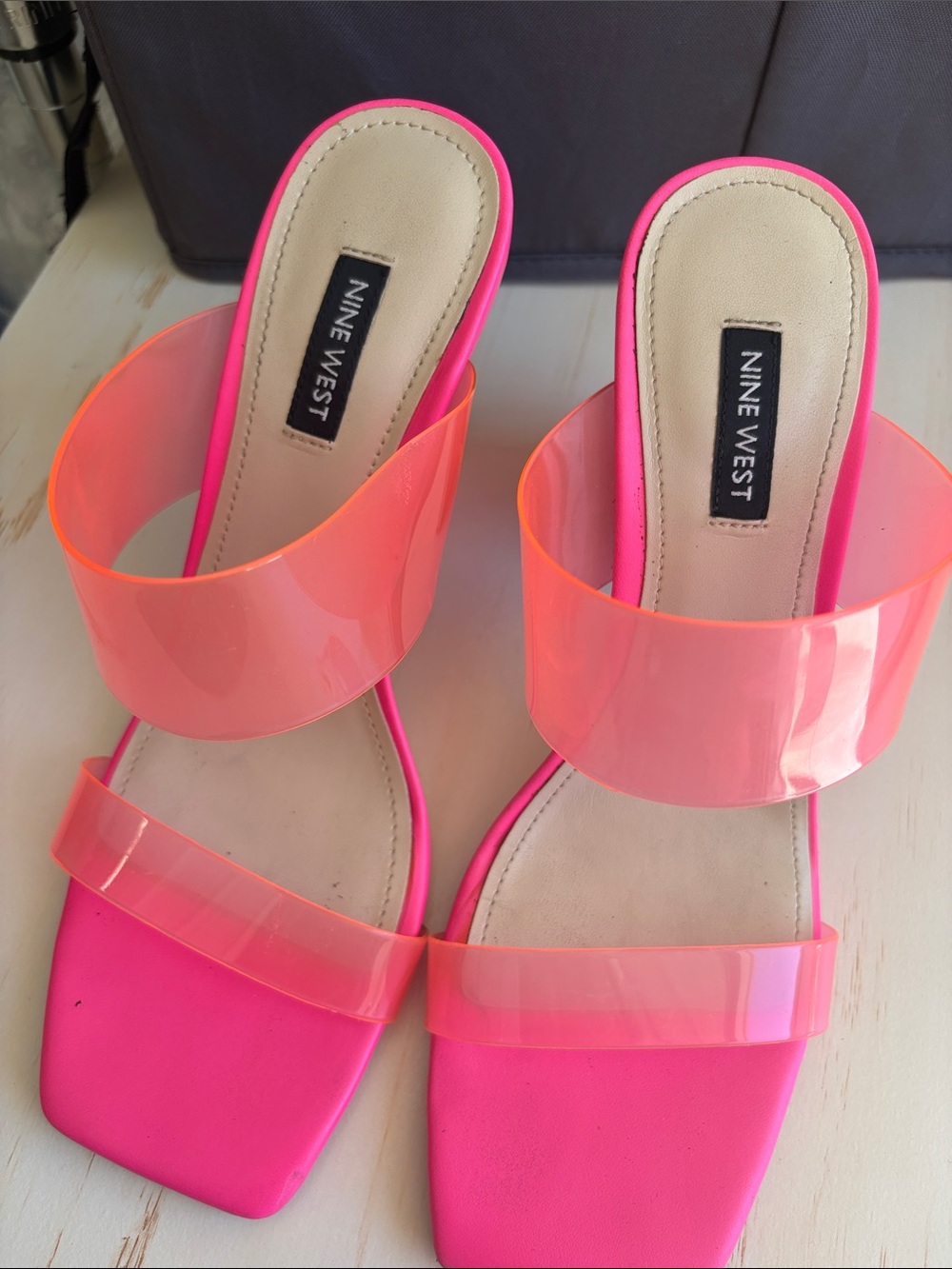 Nine West Hot Pink Slide Mules with Translucent Coral Straps